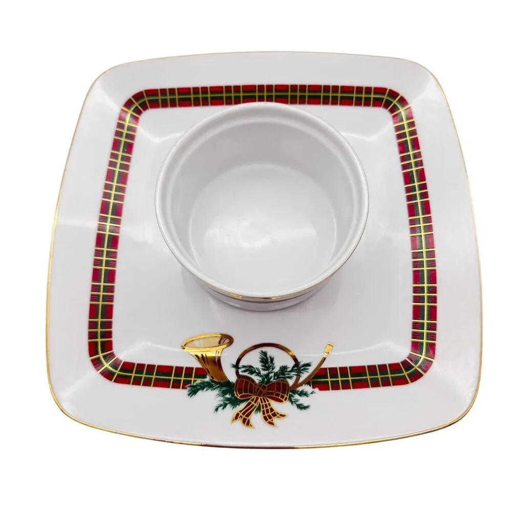 Georges Briard chip and dip plate the Hunt‎ Japan tartan trim french horn